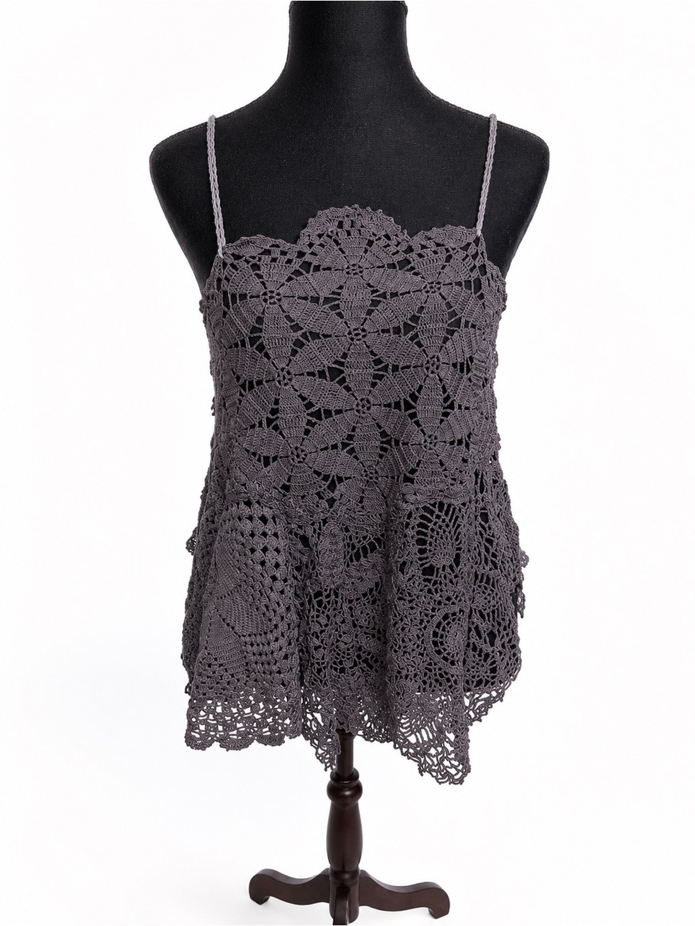 Crochet Lace Spaghetti Strap Tank Top - Charcoal Gray- revisable